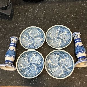 Blue Kyoto fine porcelain bowl set with candle holders